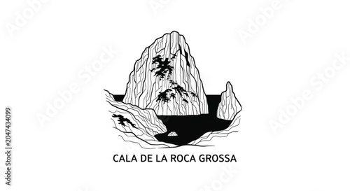 Black and white rocky cliff illustration.
