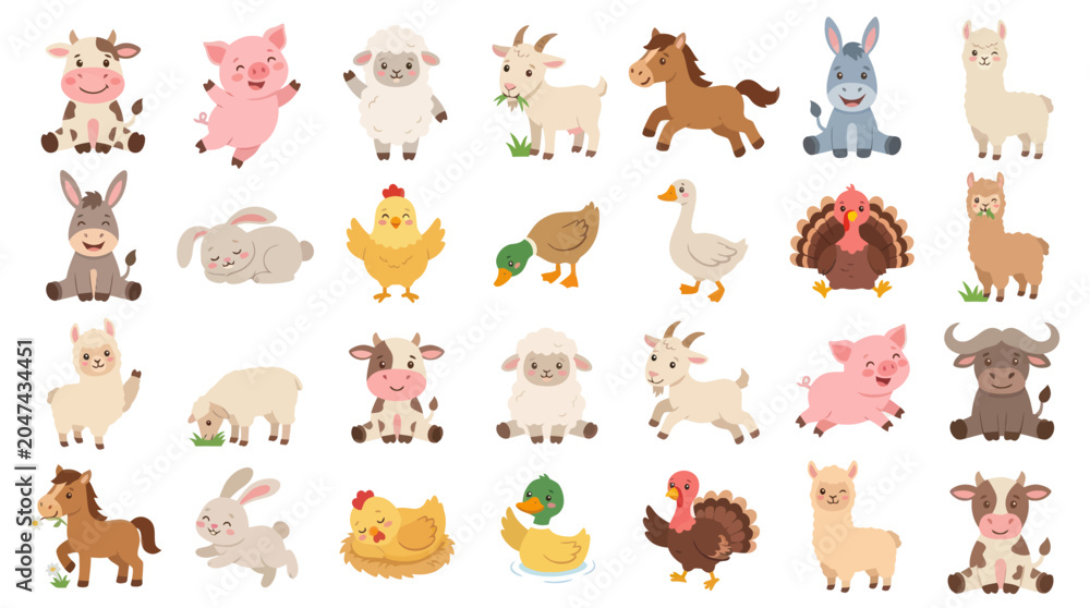 Obraz premium Cute Farm Animals Vector Set - Flat Style, Children Illustration