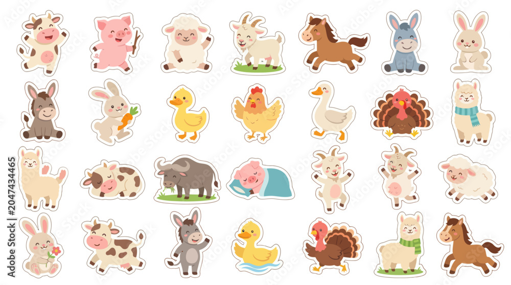Obraz premium Cute Farm Animals Stickers - Flat Vector Illustration