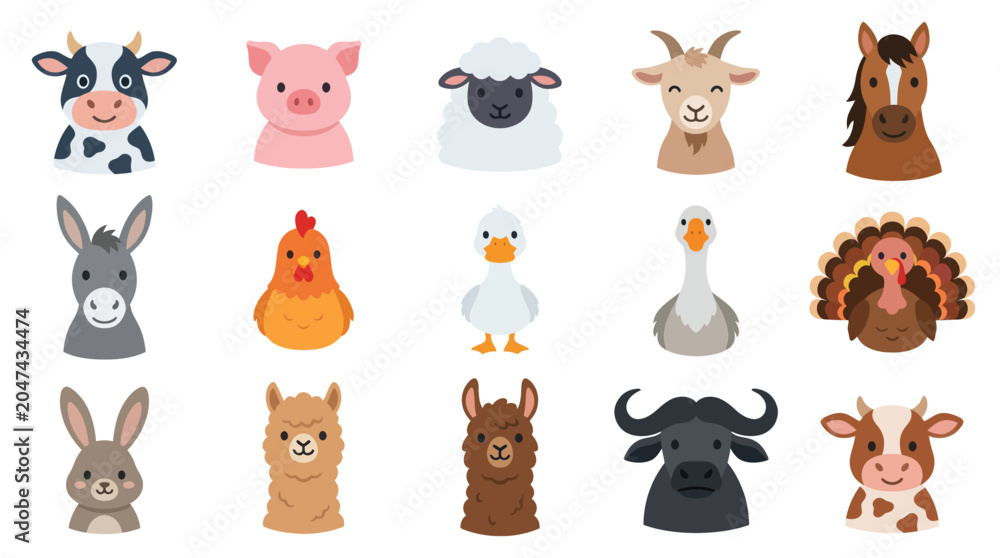 Naklejka premium Cute Flat Cartoon Farm Animals Vector Icon Set for Agriculture, Pet, and Rural Life Designs