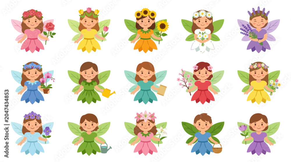 Obraz premium Cute Cartoon Garden and Flower Fairies Set. Flat Vector Illustration of Little Elves with Nature Elements.
