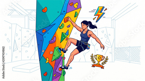 Illustration of a determined woman successfully scaling a vibrant indoor rock climbing wall, embodying strength, perseverance, and the spirit of athletic achievement