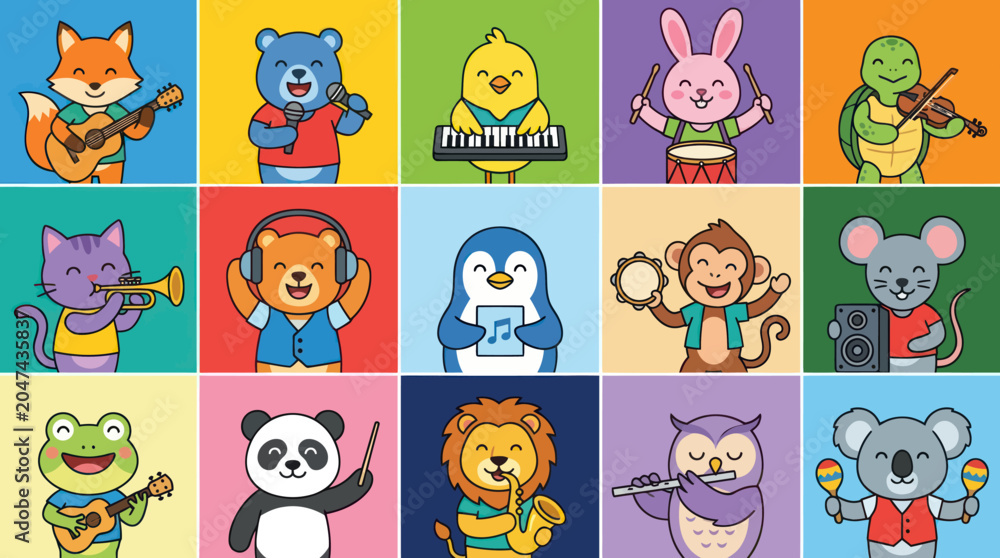 Obraz premium Cute Animals Playing Musical Instruments, Flat Design, Vector Art