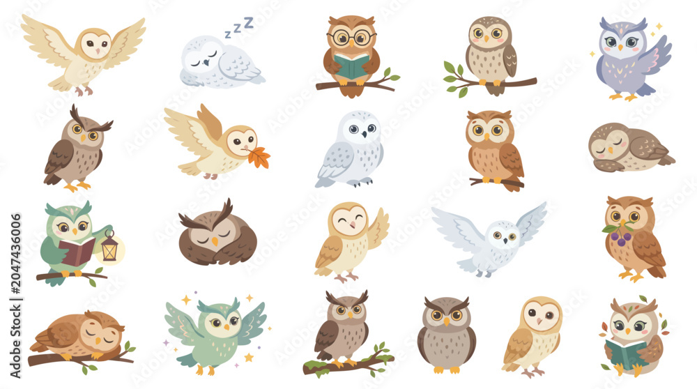 Obraz premium Cute Cartoon Owls Collection, Flat Vector Art Style for Children's Illustrations