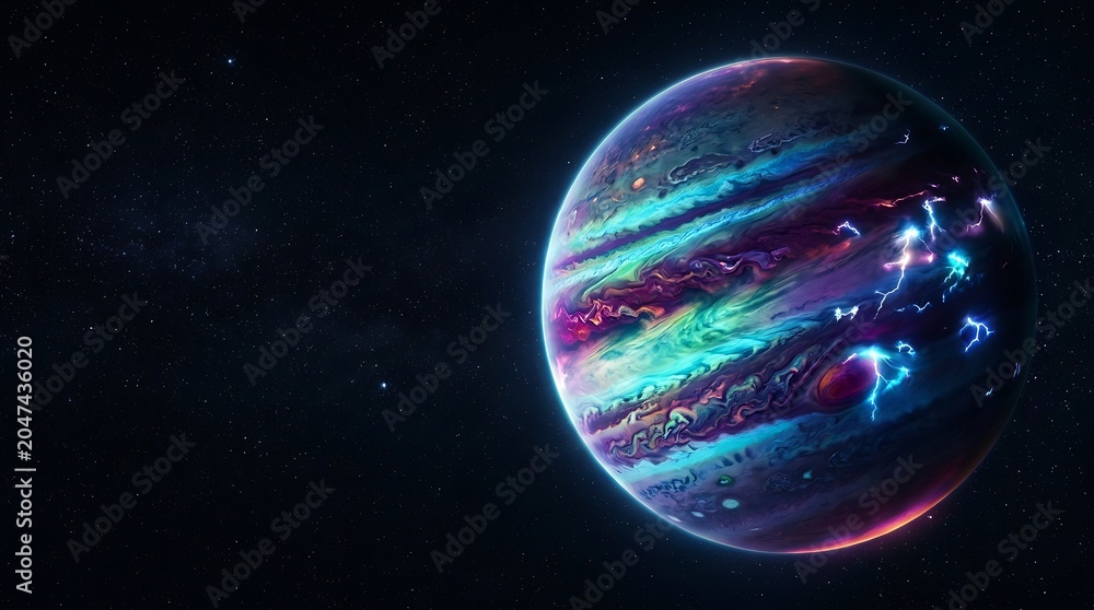 Fototapeta premium Colorful gas giant planet with glowing lightning in cosmic space