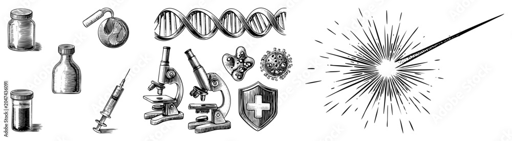 Obraz premium Hand drawn vintage laboratory gear featuring a microscope, DNA helix, and vials. These medical doodles, including a syringe and petri dish, capture classic apothecary tools