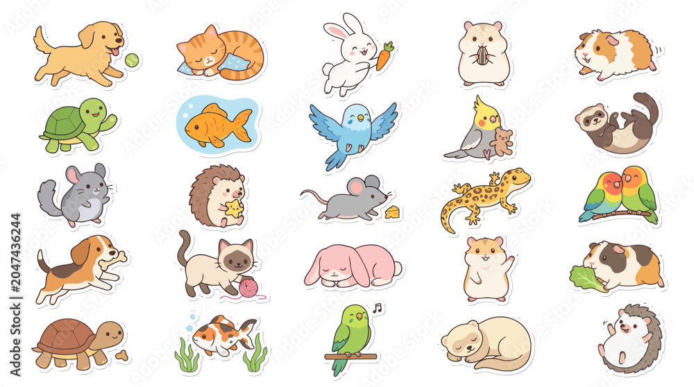 Obraz premium Cute Pets Cartoon Vector Illustration Set. Adorable Animal Characters for Kids, Education, and Veterinary
