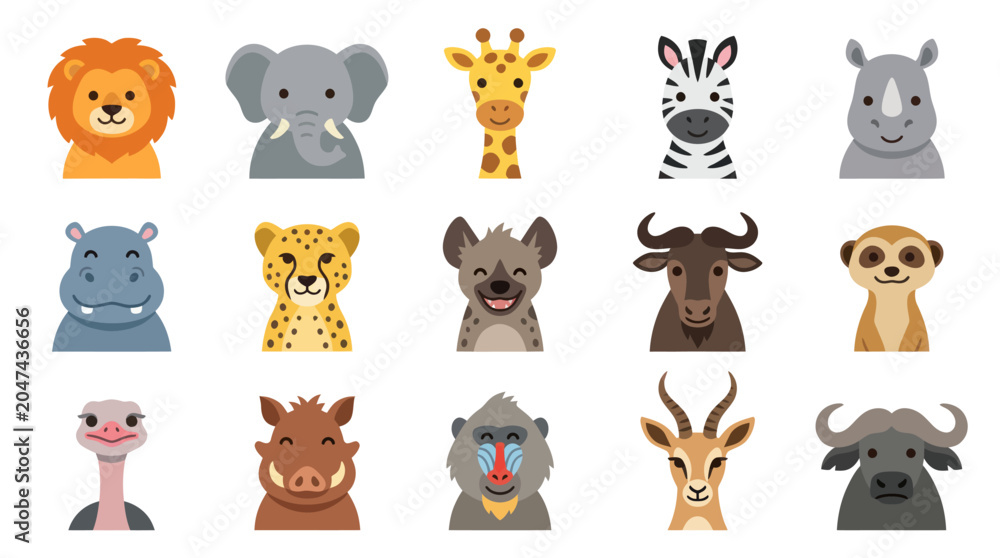 Obraz premium Flat Cartoon African Wildlife Animals Vector Icon Set - Safari Animal Heads Faces Collection for Kids