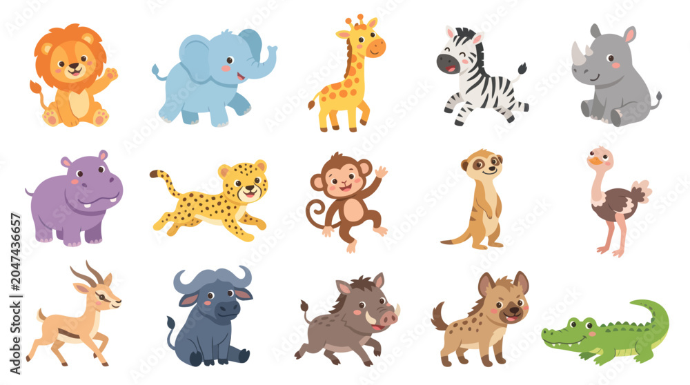 Fototapeta premium Cute African Safari Animals Flat Vector Illustration Set. Adorable Wildlife Cartoon Characters for Kids Design.