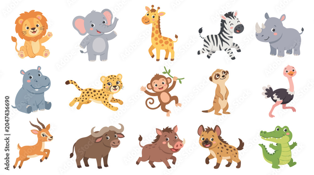 Fototapeta premium Cute Cartoon Safari Animals Collection - Flat Vector Illustration