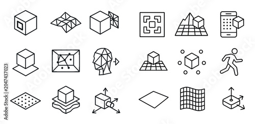3d modeling icons with cube grid plane outline