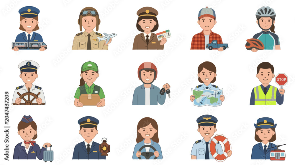 Fototapeta premium Flat Design Professional Avatars Set. Diverse People with Various Jobs and Occupations. Cartoon Vector Icons Collection.