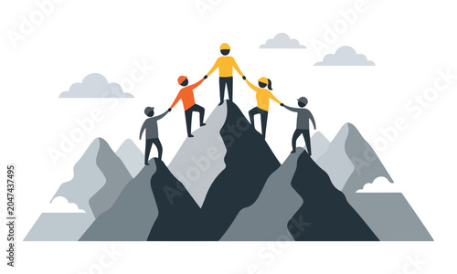 Teamwork business people climbing mountain peak vector