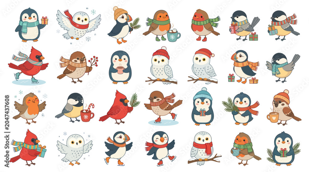 Fototapeta premium Cute Cartoon Winter Holiday Birds Vector Illustration Set. Adorable Festive Animals Collection
