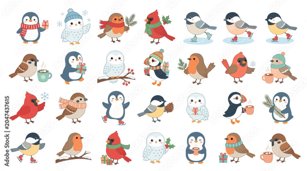 Obraz premium Cute Cartoon Vector Winter Birds and Penguins Illustration Set for Christmas Holiday Season