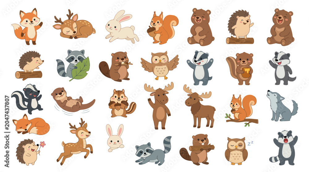 Obraz premium Cute Forest Animals Cartoon Vector Illustration, Woodland Creatures Set