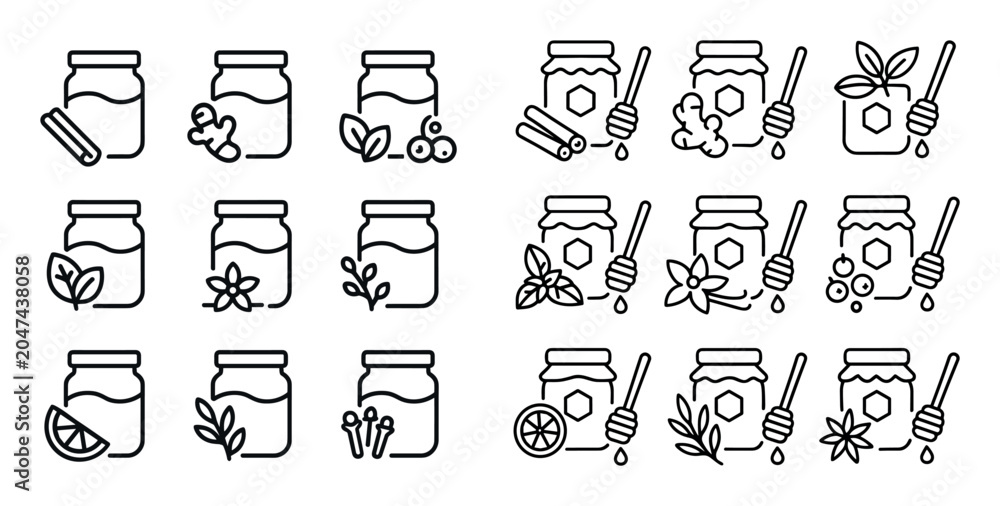 Fototapeta premium Food icons with jar dipper leaf outline