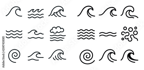 Ocean icons with wave swirl ripple outline