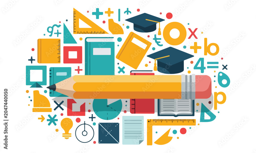 Fototapeta premium School Supplies and Education Icons Flat Vector Illustration