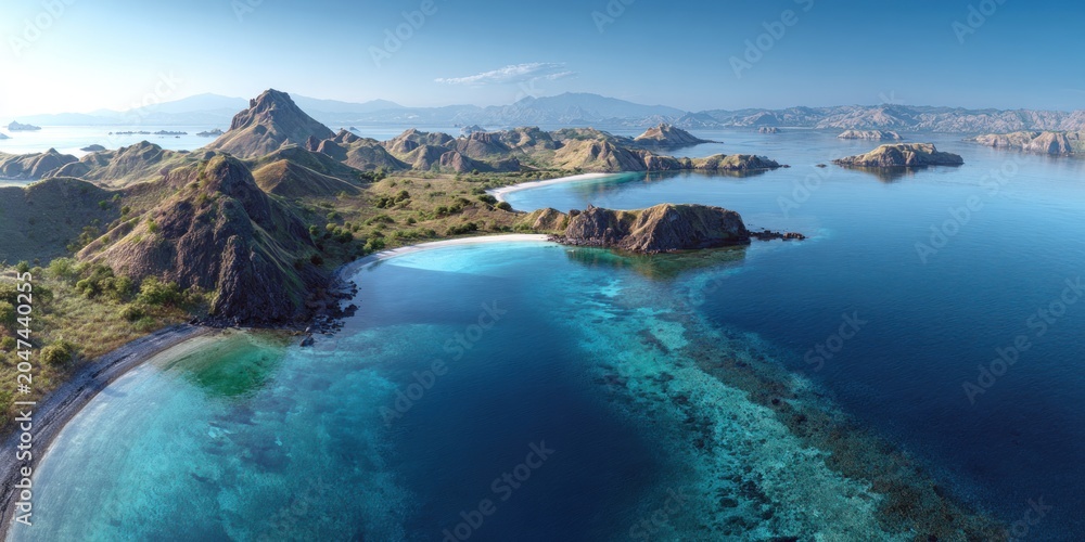 Fototapeta premium Coastal landscape with mountains and turquoise water under clear blue sky