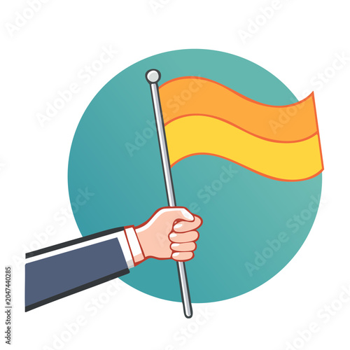 Hand holding a waving orange and yellow flag