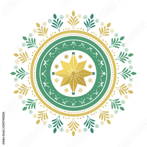 Green and gold mandala with star and leaf pattern