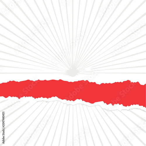 Torn paper with red stripe and sunburst background