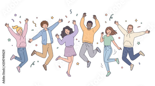 Diverse Group of Happy Young People Jumping for Joy in Celebration