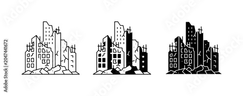 Foto Destroyed Cityscape Icons, Ruined Buildings, Urban Disaster Vector Set