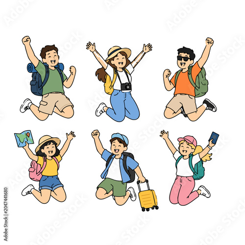 Excited young travelers jumping with backpacks and luggage