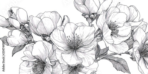 Elegant floral artwork depicting detailed blossoms and foliage in monochrome style