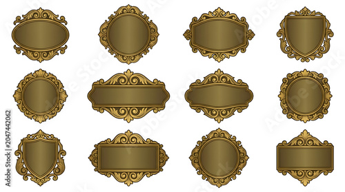 Set of vintage ornate frames and decorative borders, elegant baroque style golden labels and badges isolated on transparent background