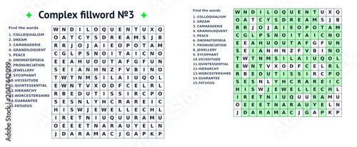 Word search puzzle with complex words and solution illustration  