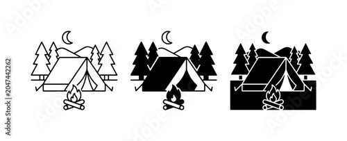 Schilderij op canvas Camping Icons Set: Tent, Campfire, Moon, Trees, Mountains, Night Scene, Outdoor