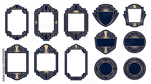 Set of art deco style frames and badges with geometric gold and navy blue patterns isolated on transparent background