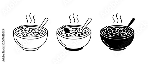 Fotografija Hot Soup Bowls, Comfort Food Icons, Warm Meal Vector Graphics