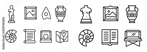Museum artifacts icons with statue vase painting outline