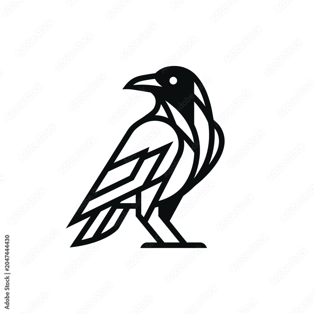 Obraz premium Minimalist geometric black raven standing profile logo.