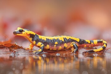 Vibrant poisonous salamander with striking yellow and black patterned skin walking on wet leaves in a natural forest environment