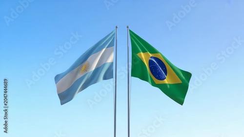 Argentina and Brazil flags waving side by side, national symbols of South American diplomacy, international relations and trade partnership