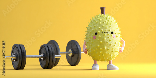 Cute fruit character made from durian, standing next to dumbbells, showcasing playful and energetic vibe