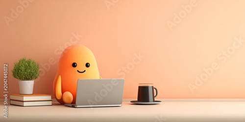 Cute orange character working on laptop at desk with coffee cup and small plant, creating cozy atmosphere