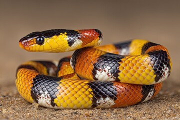 Vibrant venomous coral snake coiled elegantly on sun-baked ground, showcasing striking patterns