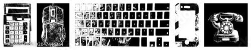 This collection features a weathered calculator, mouse, keyboard, smartphone, and rotary phone. These old school gadgets, including a dialer and keypad, show heavy grunge distortion.