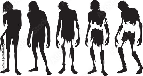 Group of zombie silhouettes, undead creatures, horror, monster, scary, spooky, apocalypse, evil, halloween, danger, fear, creepy.