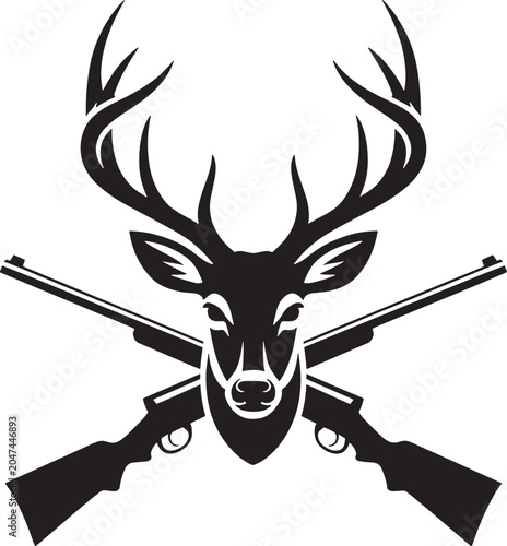 Hunting emblem with deer head silhouette and crossed rifles for outdoor wilderness sport activity.