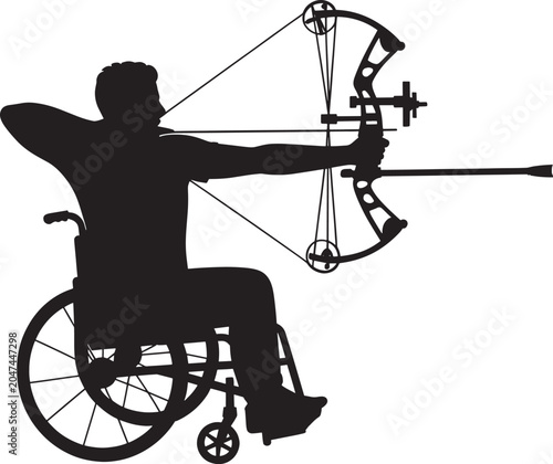 Silhouette of an archer in a wheelchair aiming a bow and arrow, adaptive sport.