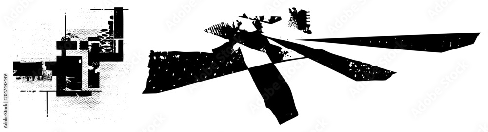 Obraz premium Gritty grunge halftone composition featuring fragmented geometric elements. This edgy piece uses sharp shapes and rough textures to create a raw, urban aesthetic.