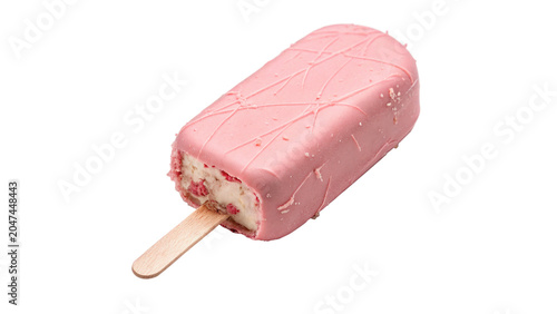 Pink fruit juice ice cream popsicle bar on a wooden stick on transparent background
