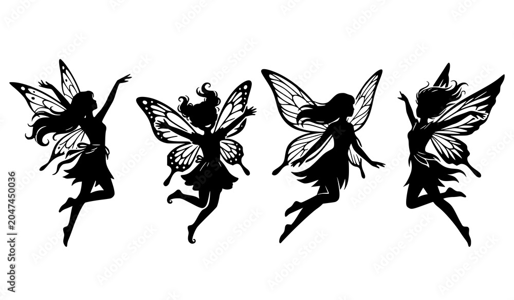 Obraz premium Jumping Fairy Silhouettes Vector Collection with Magical Winged Characters